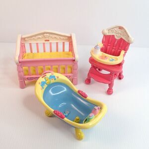 Vintage Fisher Price Snap N Style Doll Furniture Lot Crib Chair & Bath  2006